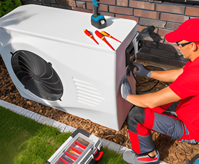 A man is working on an air conditioner.