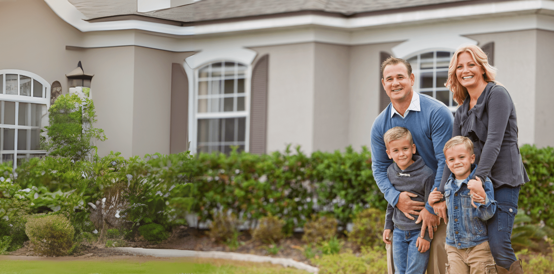 A man and boy standing in front of a house.